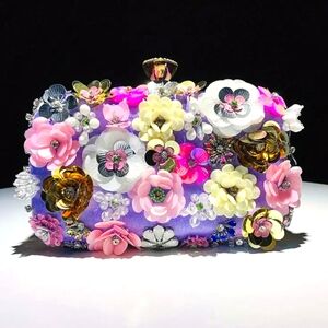 Exquisite 3D Beaded Floral Rhinestone Box Clutch ~ Metal Closure, Strap